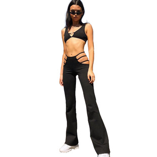 European and American Hot Fashion Sexy Hollow Low Waist Flared Pants Women's Personalized All-match Sports Punk Slim Base Pants