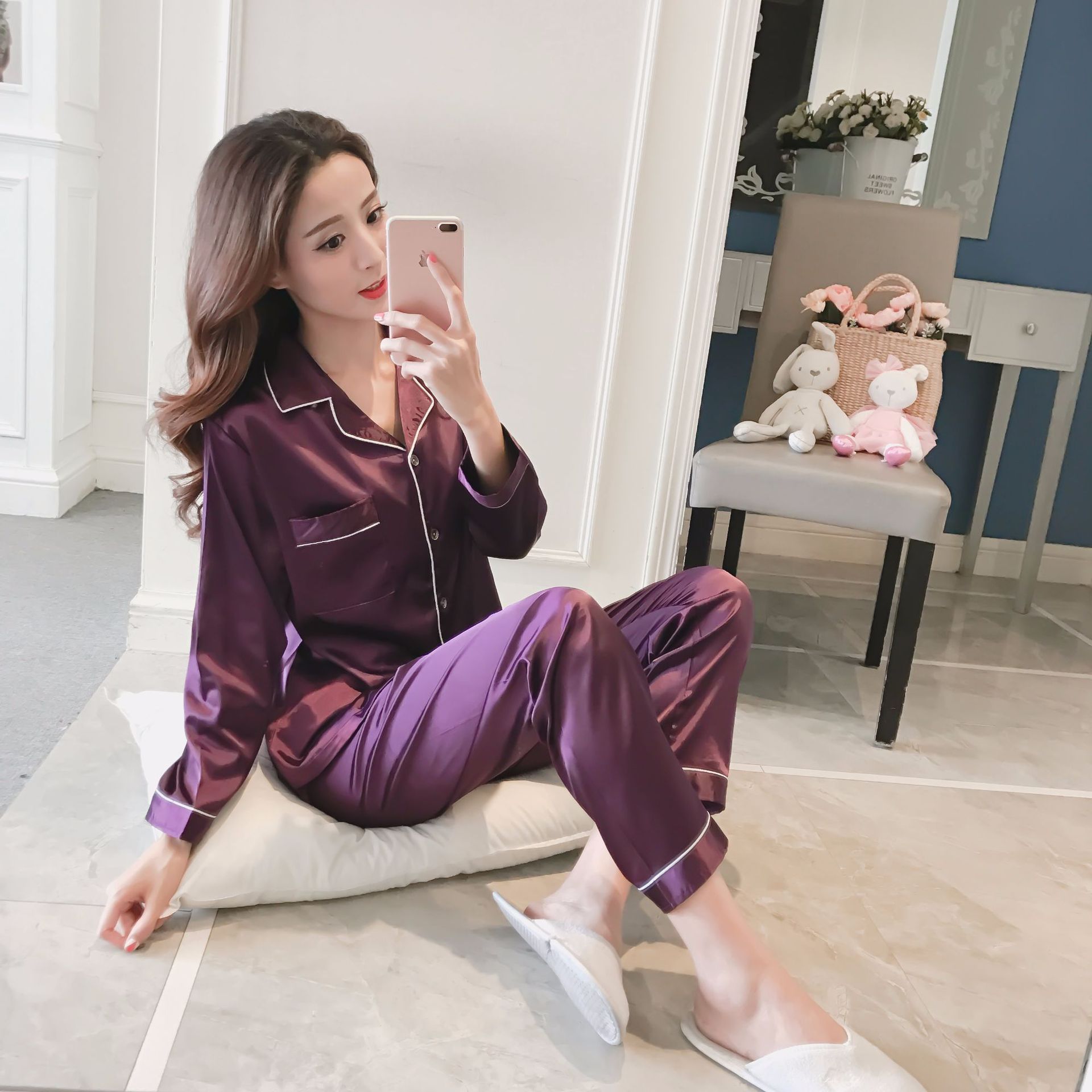 Transfronterizo más tamaño solapa cardigan pijamas de seda artificial para mujeres regordetas Primavera y otoño estilo europeo y americano ropa para el hogar de las mujeres