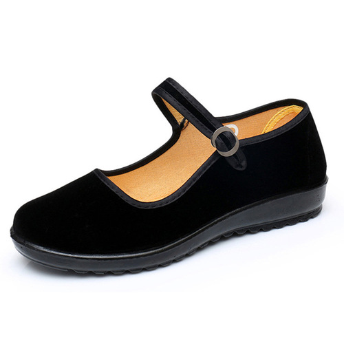 Spring Old Beijing Fabric Shoes for Women Black Velour Hotel Black Work Shoes with Buckle Dance Middle-Aged Mother Fabric Shoes