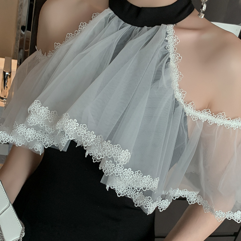 Đầm dạ hội cổ yếm phối lưới xếp nếp ôm dáng tay khoét — Màu đen