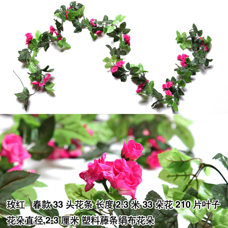Flor artificial Rosa ratán flor colgante de pared flor artificial ratán techo flor tira flor Vid flor decorativa Flor de seda flor artificial Vid