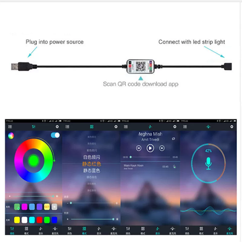 Светодиодная световая лента (5V) Bluetooth/APP и пульт на 24 кнопки, 5050 RGB, длина 1–5 м, 30/60 LED/м, питание USB