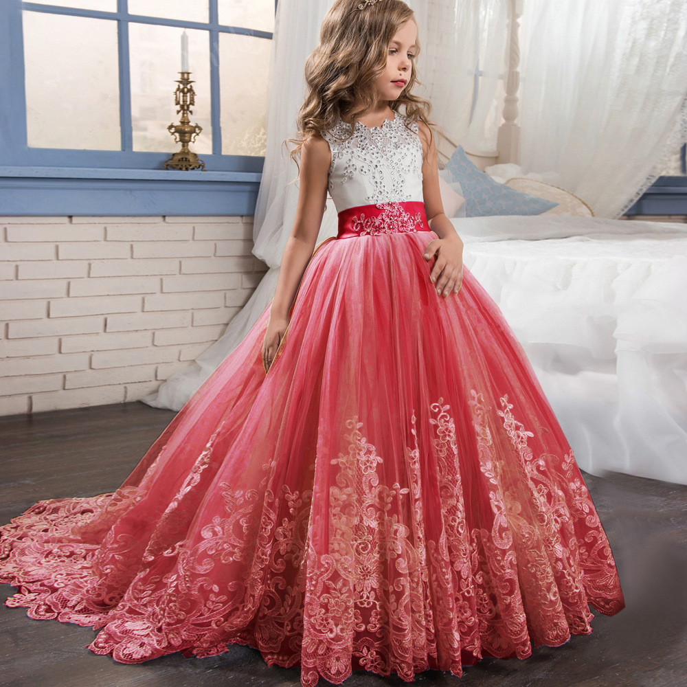 Vestidos de niña estilo princesa con encaje y malla, para fiestas de cumpleaños, damitas de honor y bodas, estilo europeo y americano.