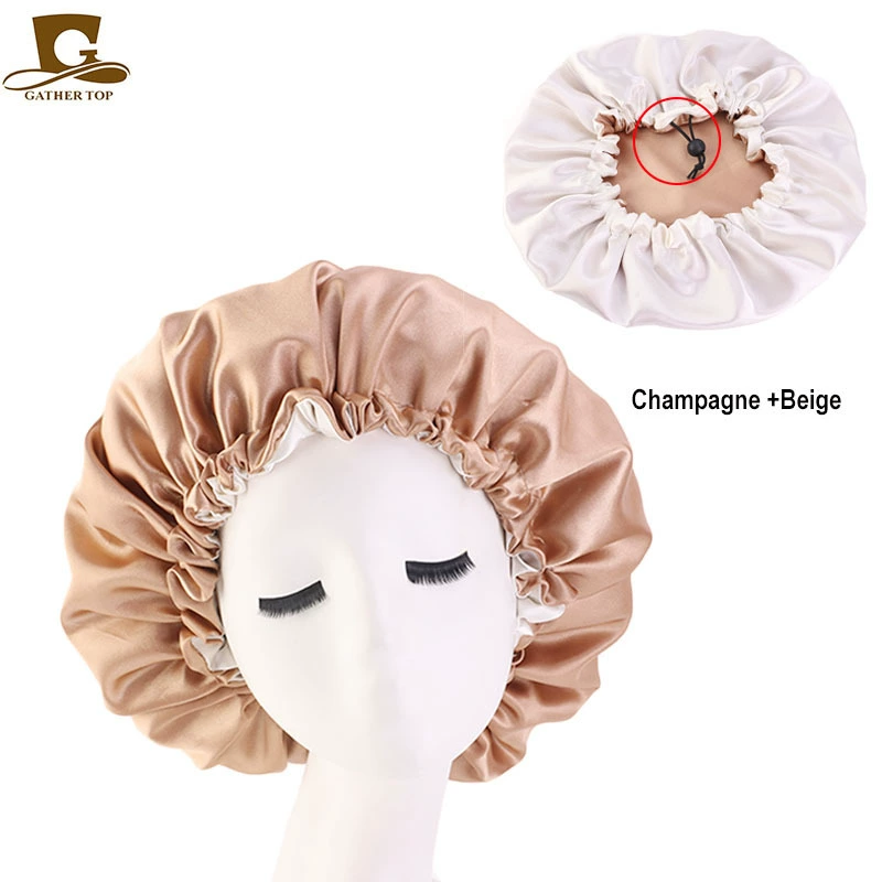 Double‑layer color‑block sleeping cap, adjustable buckle, reversible night/chemotherapy hair care hat, 36 cm