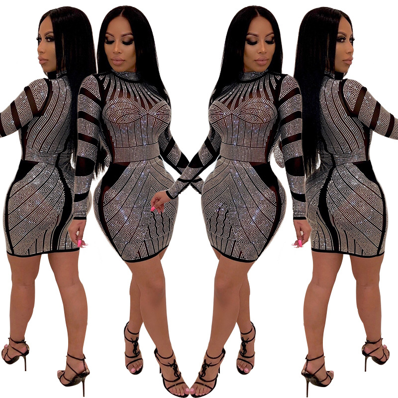 Cross-border WISH AliExpress Ebay2020 moda europea y americana de las mujeres rhinestone nightclub falda vestido de ropa de mujer HL3201 image 5