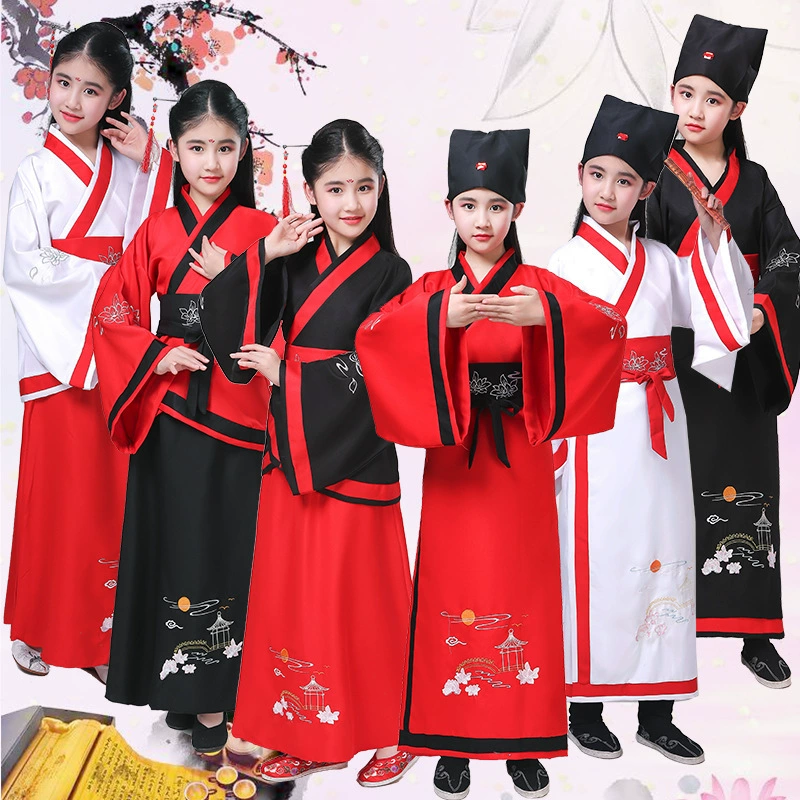 Детский древний костюм Платье Госюэ Hanfu Ru Трехсимвольная Сутра Ди Цзы Гуй Читание поэзии Каллиграфия Этикет Культура Выступление Одежда