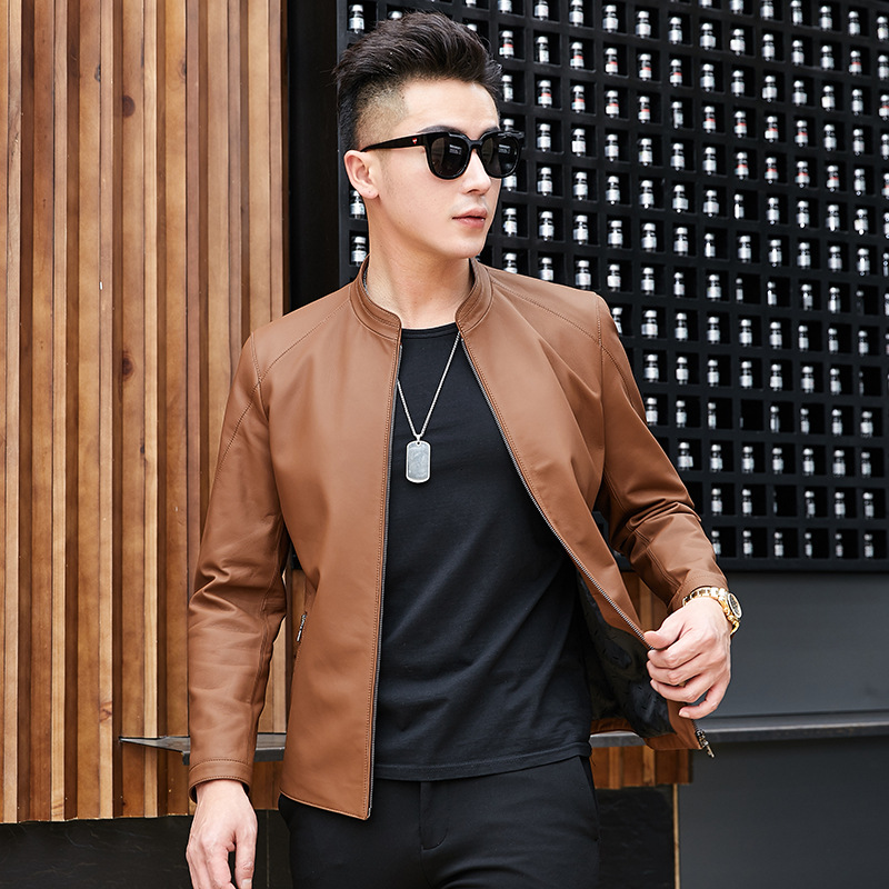Haining Leather Jacket Spring and Autumn New Thin Genuine Leather Jacket for Middle-aged Men's Matt Style Casual Collar Leather Jacket