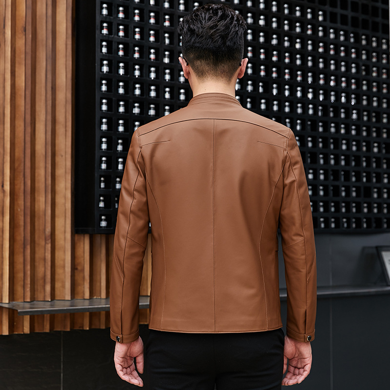 Haining Leather Jacket Spring and Autumn New Thin Genuine Leather Jacket for Middle-aged Men's Matt Style Casual Collar Leather Jacket