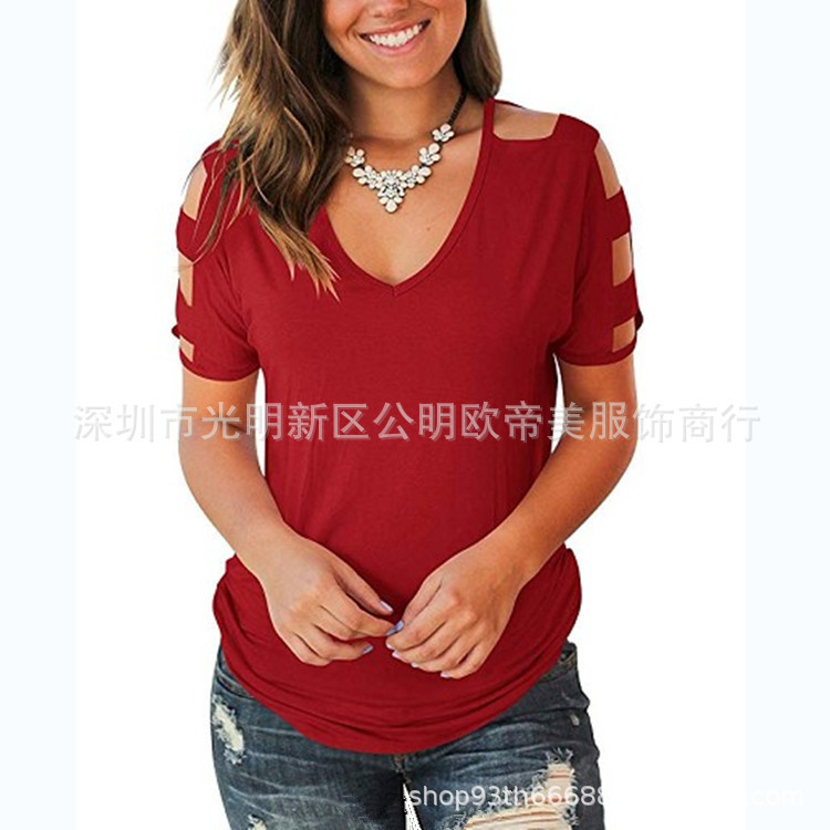 2025 Amazon Spring Women's Short-Sleeved Cold Top Deep V T-Shirt Plus Large Knitted Knitwear T-Shirt