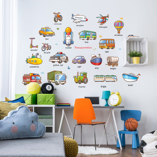 Aike Animal Car Chinese and English Early Education Children's Room Decoration Painting Creative Kindergarten Adhesive Cartoon Wall Sticker