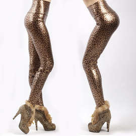 欧美时尚外贸性感豹纹印花仿皮高腰修身打底裤子义乌厂家现货批发