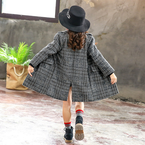Spring, Summer, Autumn and Winter New Children's Apparel Children's Pigeon Check Wool Coat for Older Girls, One Piece Dropshipping