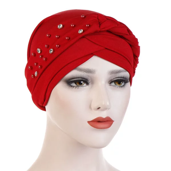 Aliexpress New Spring and Autumn Style Headscarf Hat, Single Color, Single Strip, Single Side with Beads and Rhinestones, Whip-Style Headscarf Hat