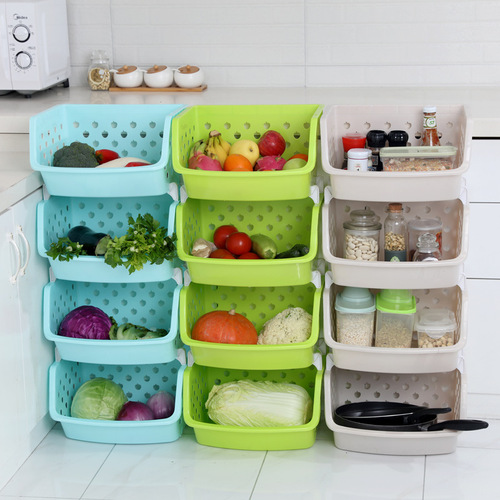 Kitchen plastic shelf floor-standing multi-layer stackable snack storage rack multi-purpose vegetable and fruit basket storage basket
