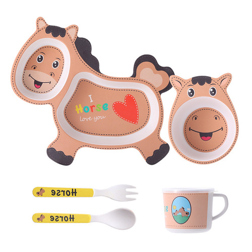 Bamboo fiber children's tableware set Cartoon bowl compartment baby plate spoon fork cup five-piece gift tableware set