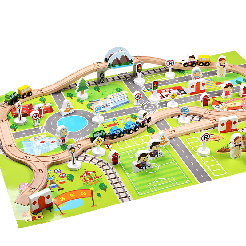 Juguetes educativos para niños 80P madera ciudad tráfico coche pequeño tren juguete bloques de construcción