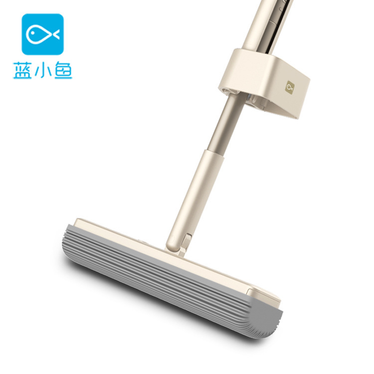 Blue Fish 180 ° Collodion Mop 34cm Iron Double Cotton Head Mop Strong Water Absorption Roller Squeeze Water Bathroom