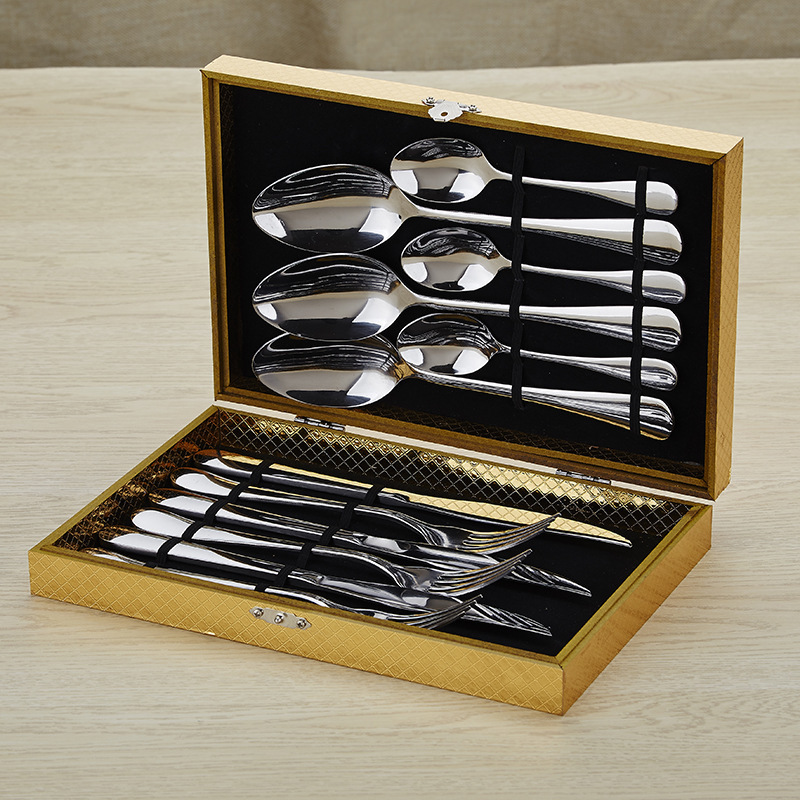 Stainless Steel Steak Knife and Fork suit 12 Piece Set Western Food Knife, Fork and Spoon Gift Box Wooden Box Stainless Steel Tableware suit