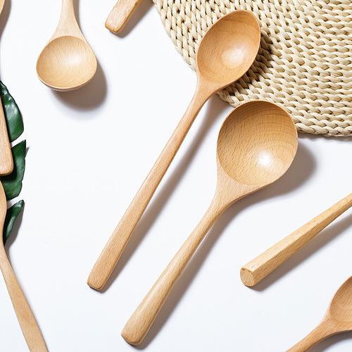 Manufacturer wholesale creative beech wood spoon long handle mixing dessert wooden spoon fruit spoon home cooking seasoning spoon logo