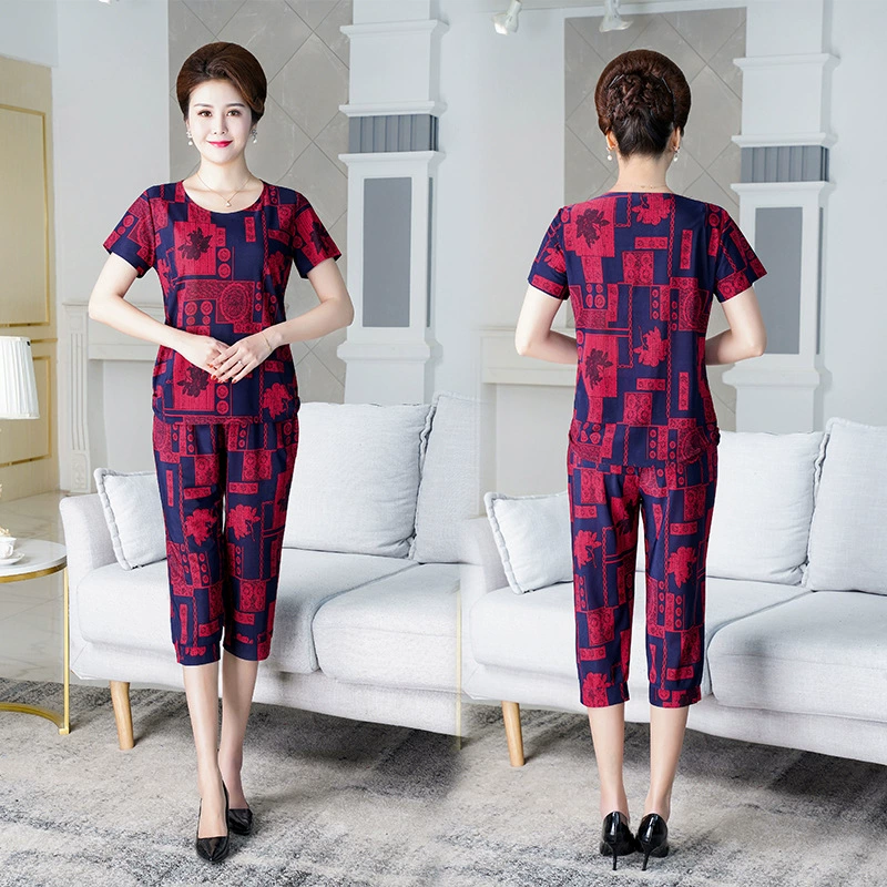 Костюм для мам среднего и пожилого возраста, топ, брюки из ледяного шелка, хлопок, новые летние толстые брюки из двух частей с короткими рукавами, женские производители