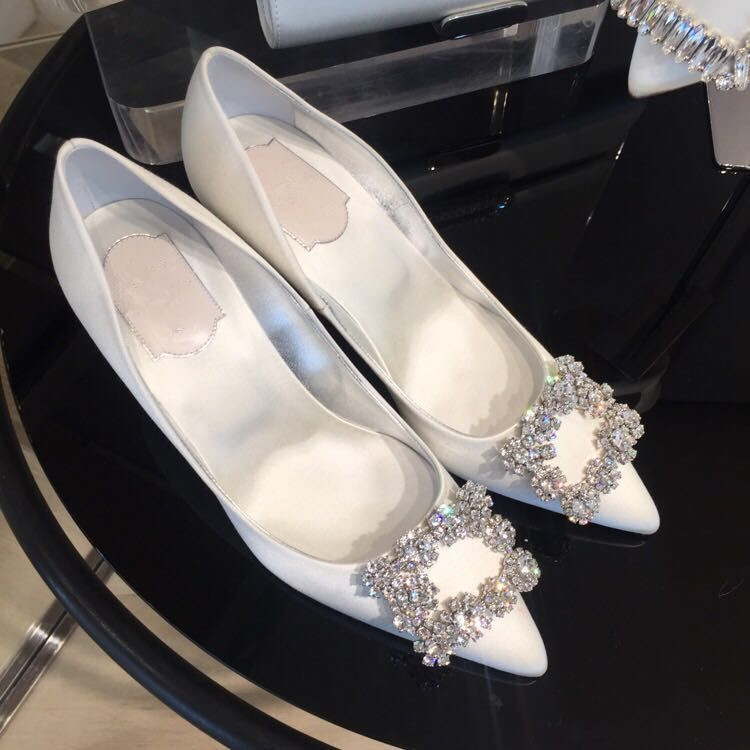 Rhinestone Square Buckle Pointed Toe High Heels Stiletto Red Bridal Shoes Satin White Wedding Shoes Large Size Wedding Shoes