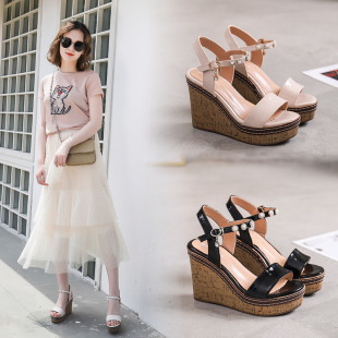 2023 New Summer Students Korean Style Fashionable Romans Wedge Sandals Women's Pearl Breathable High Heel Sandals