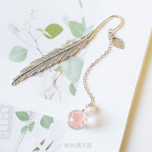Dried flower label bookmark student reading pagination mark metal book clip pendant feather bookmark stationery wholesale
