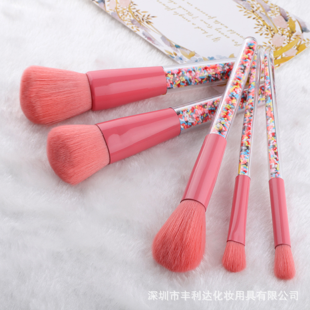 Set de 5 brochas de maquillaje transfronterizas, brochas de maquillaje de colores dulces con partículas coloridas, set de brochas de maquillaje, serie estilo femenino.