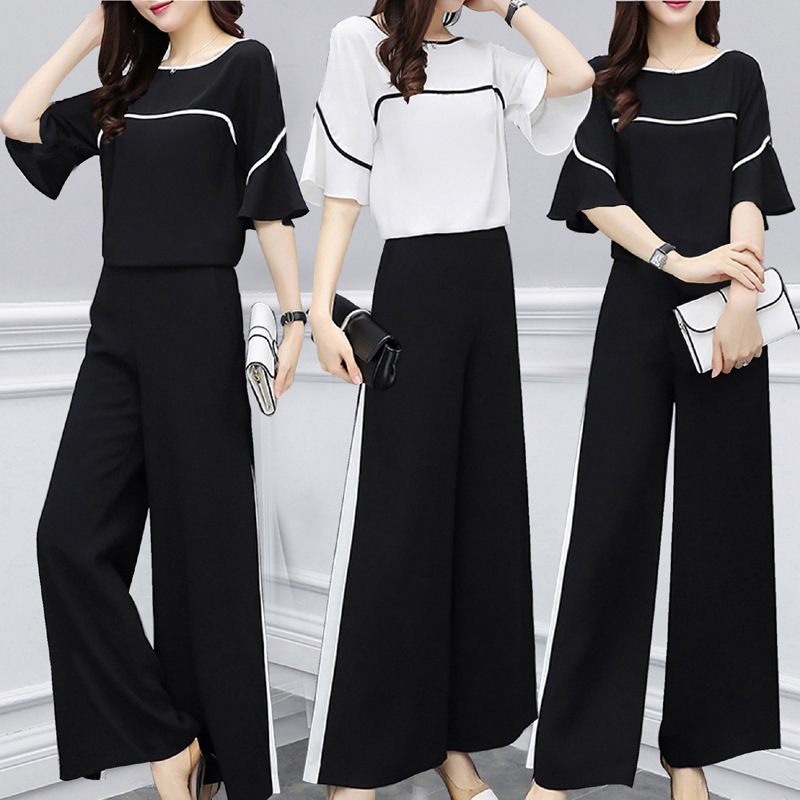 2025 Summer New Style Two-Piece Short-Sleeved Loose Wide-Leg Pants Fashionable Student Korean Suit Women's Summer Trend