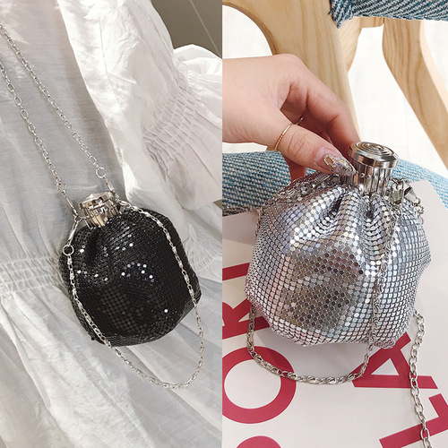 Landmine bag, evening bag, fashionable and personalized women's bag, aluminum flake jar, bucket, kettle bag, Japanese sequined wine bottle bag