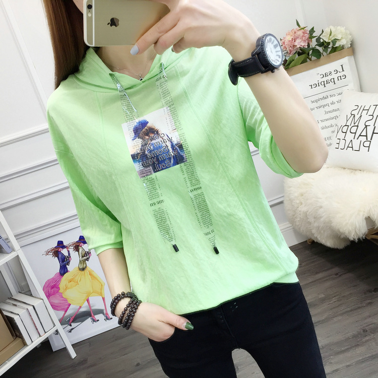 European Goods 2024 Spring and Summer New Drawstring Letter Beauty Pattern Hooded Top Candy Color Loose Short-Sleeved T-Shirt