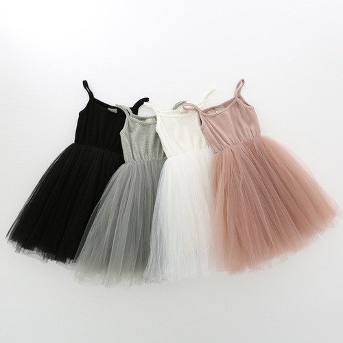New Women's Children's Strappy Dress, Middle Childhood Ribbed Splicing Net Gown Princess Dress Pom Pom Dress Dropshipping