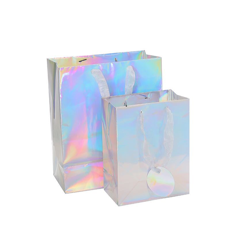覆膜银色手提纸袋设计 彩色购物袋批发 镭射方底礼品手提纸袋批发