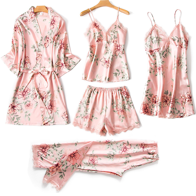 Pajamas Women's Summer Ice Silk Sexy Pajamas Five-piece Set Spring, Summer and Autumn Sling Home Clothes with Chest Pad Korean Style Thin Nightgown