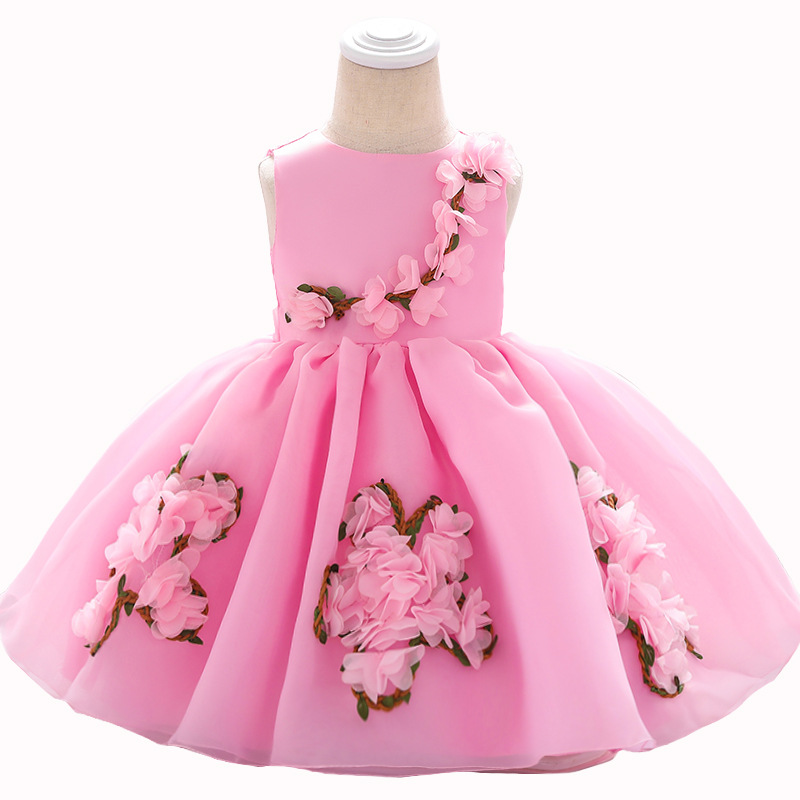 2026 Summer New Style Baby One-Year-Old Floral Puffy Dress Flower Girl Mesh Christening Dress Cotton Babydress
