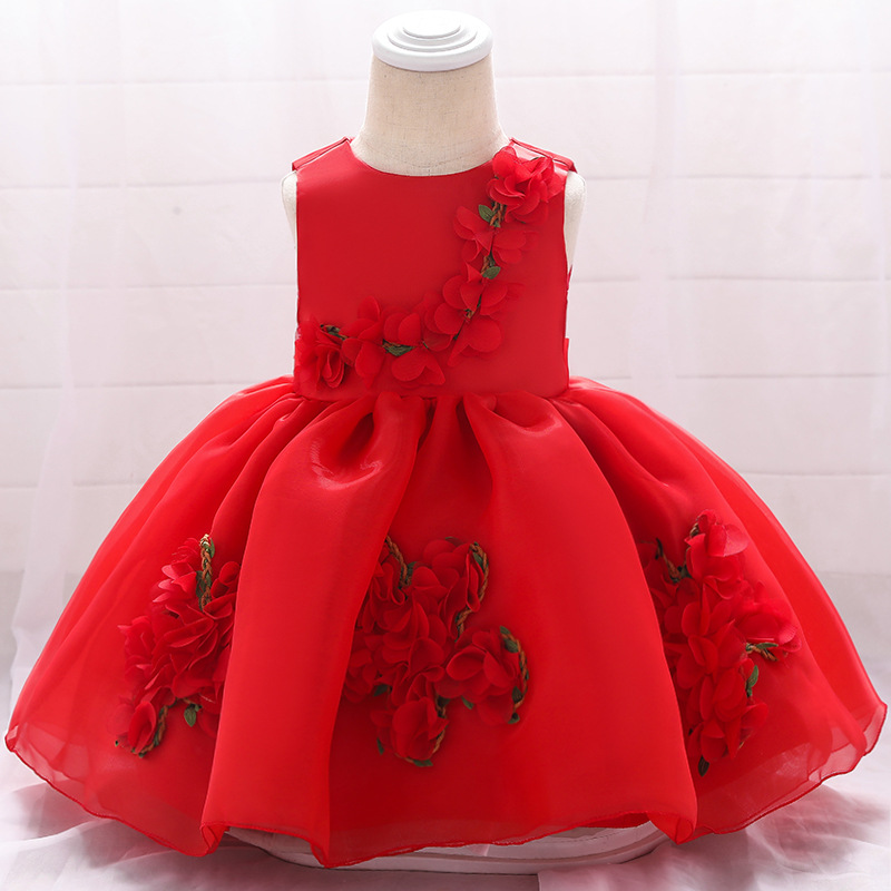 2026 Summer New Style Baby One-Year-Old Floral Puffy Dress Flower Girl Mesh Christening Dress Cotton Babydress