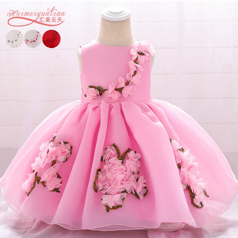 2026 Summer New Style Baby One-Year-Old Floral Puffy Dress Flower Girl Mesh Christening Dress Cotton Babydress