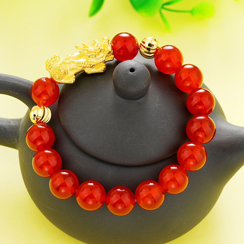 Pulsera Pixiu de Oro Vietnamita de Imitación al por Mayor, Pulsera de Ágata Roja de Oro Duro 3D de Imitación para Mujer