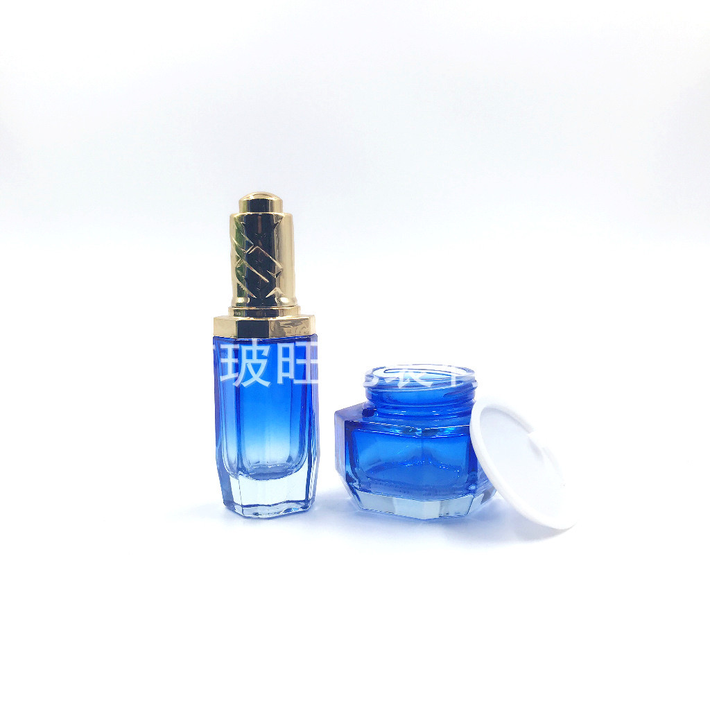 蓝色化妆品瓶 护肤品乳液玻璃瓶包材  高贵档次护肤品喷雾套装瓶