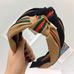 韓國新款時尚格紋織帶發箍網紅百搭中間打結簡約寬邊百搭頭扣發卡