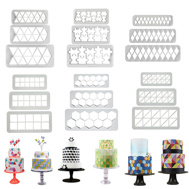3Pcs Geometric Shape Cake Fondant Printing Mold Biscuit Mold Stereo Visual Effect Baking Tools 6 Options