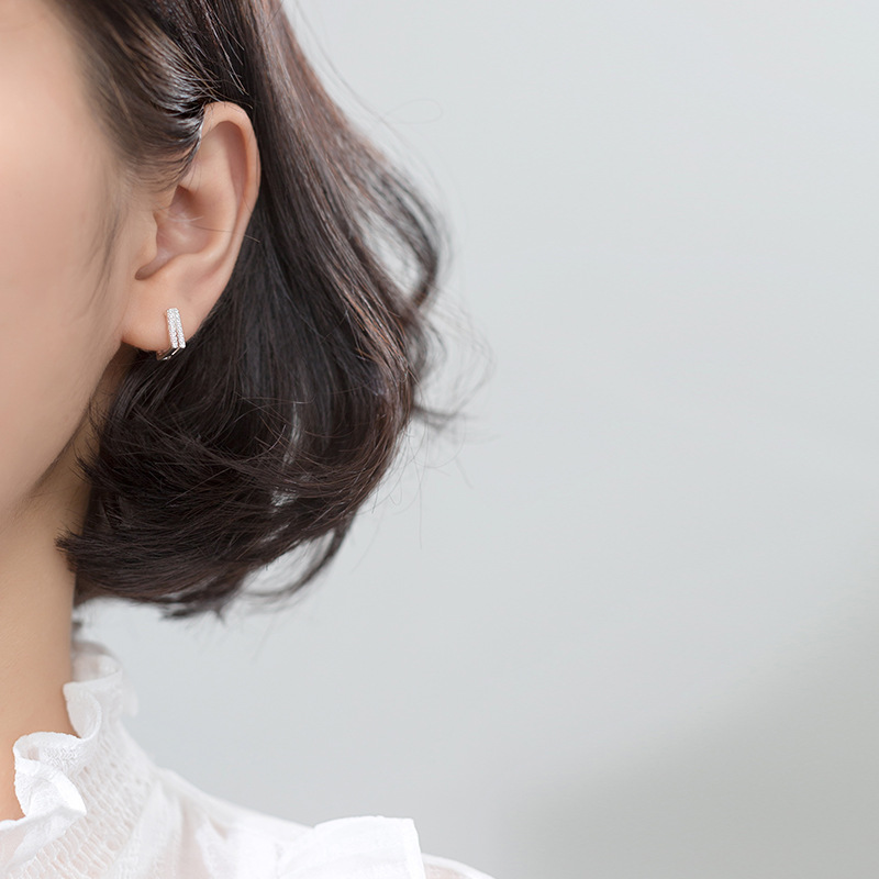 S925 Botón de hongo blanco Mujer Estilo japonés Simple Doble capa Diamante Cuadrado Pendientes cortos Geometry G1759