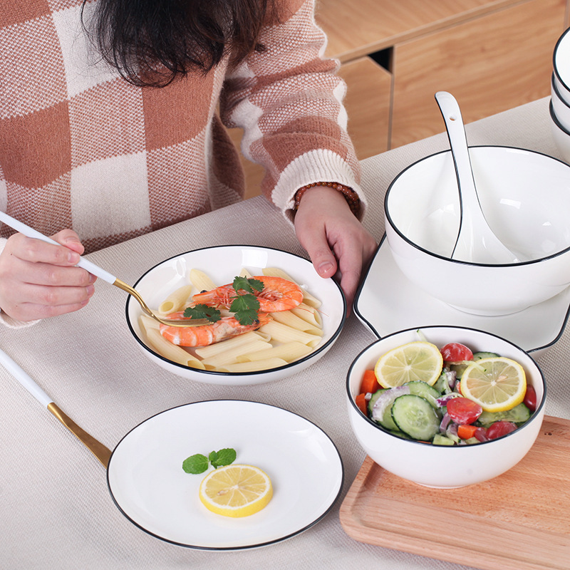 Black Thread Tableware and Dishes Set Soup Spoon with Bowl Plate Simple Dish Plate Ceramic Tableware Set Bowl Black Thread Tableware and Dishes Set Soup Spoon with Bowl Plate Simple Dish Plate Ceramic Tableware Set Bowl