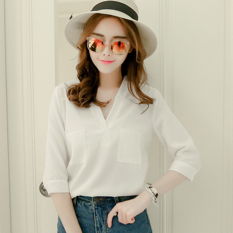 厂家直销2023夏装新款韩版宽松上衣甜美V领七分袖阳光麻雪纺衫