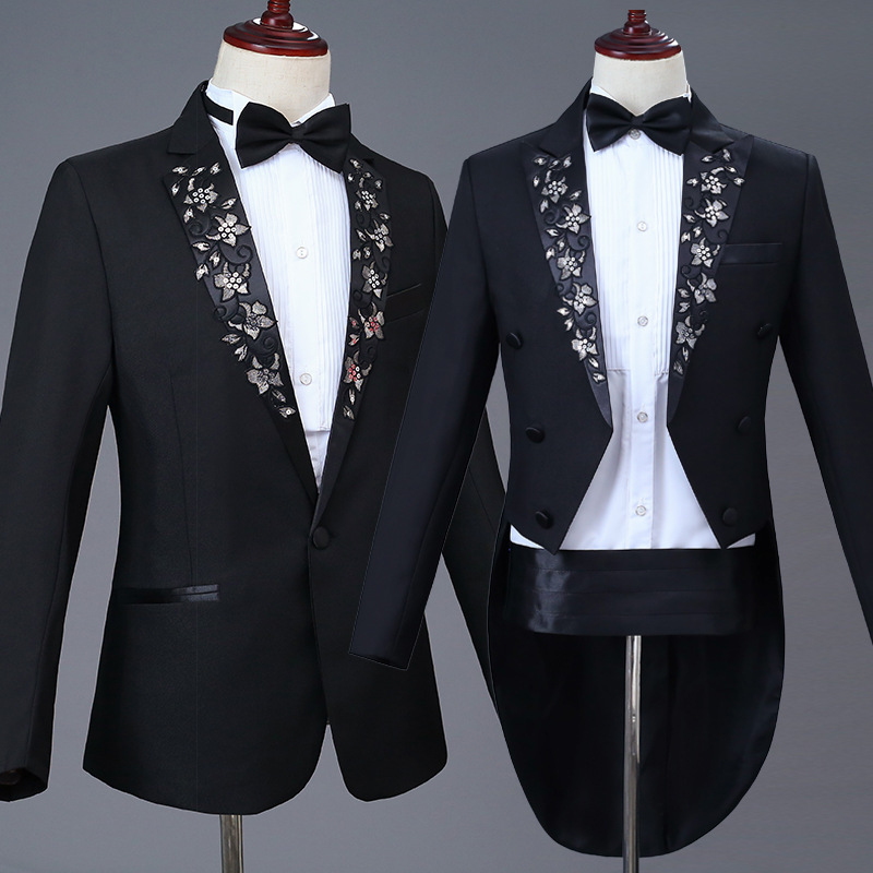 Tuxedo Men's Performance Suit Suit Set with Applique Piano Performance Tailcoat Adult Choir Costume Formal Wear