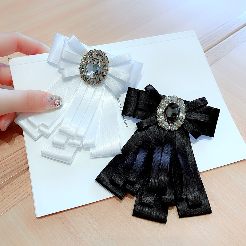 Korean Style Shirt Accessories Rhinestone Gemstone Bow Tie Brooch Corsage Retro Bow Neck Flower Collar Pin Pin Women All-match