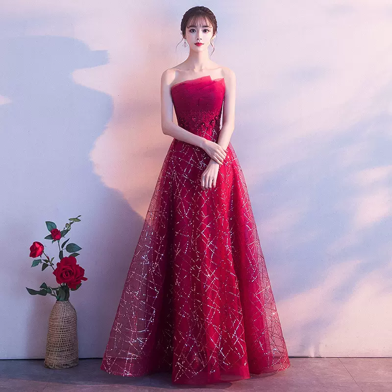 新娘敬酒服2025新款秋季红色性感抹胸显瘦结婚礼服现代长款晚礼服