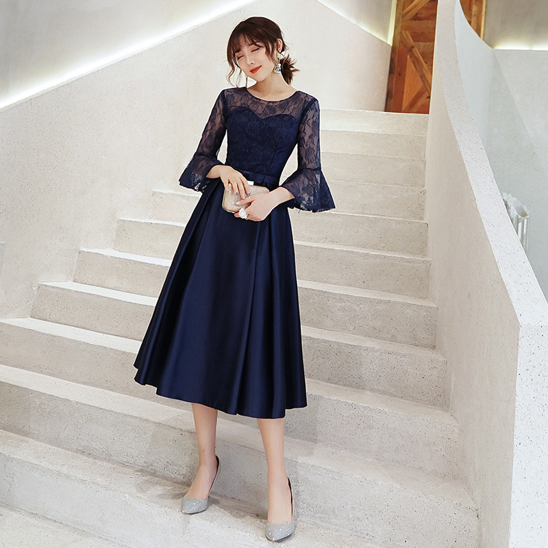 Vestido de Noche para Reunión Anual, Estilo Elegante de Sociedad, Modelo Nuevo 2026, Vestido de Fiesta Azul Marino Entallado.