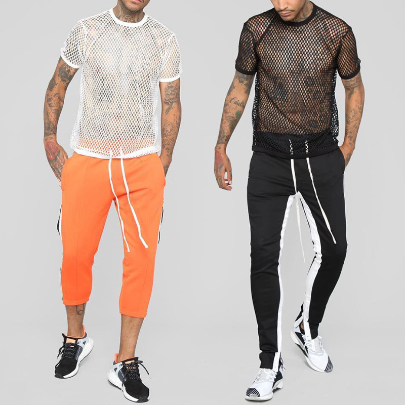 At342 European and American Men's 2024 Spring and Summer Mesh Round Neck Mesh Shirt Cut Out Short-Sleeved T-Shirt 100kg Trendy Fat Men's Clothing