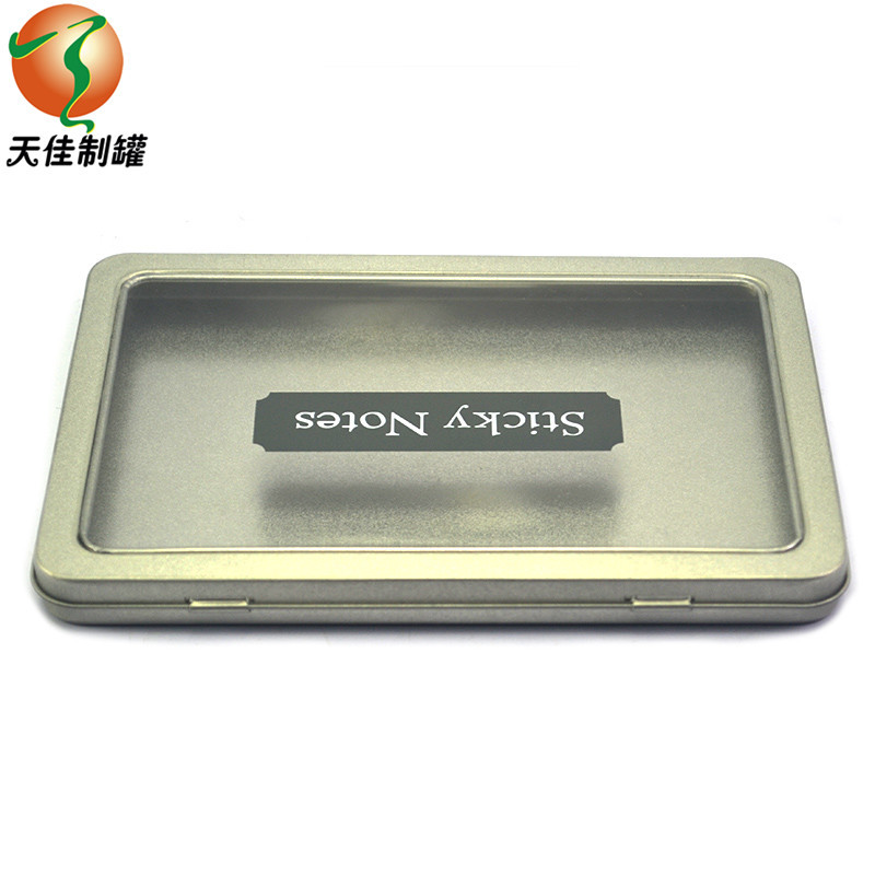 东莞马口铁盒生产厂家PVC开窗丝印方形铁盒便利贴磨砂翻盖铁盒